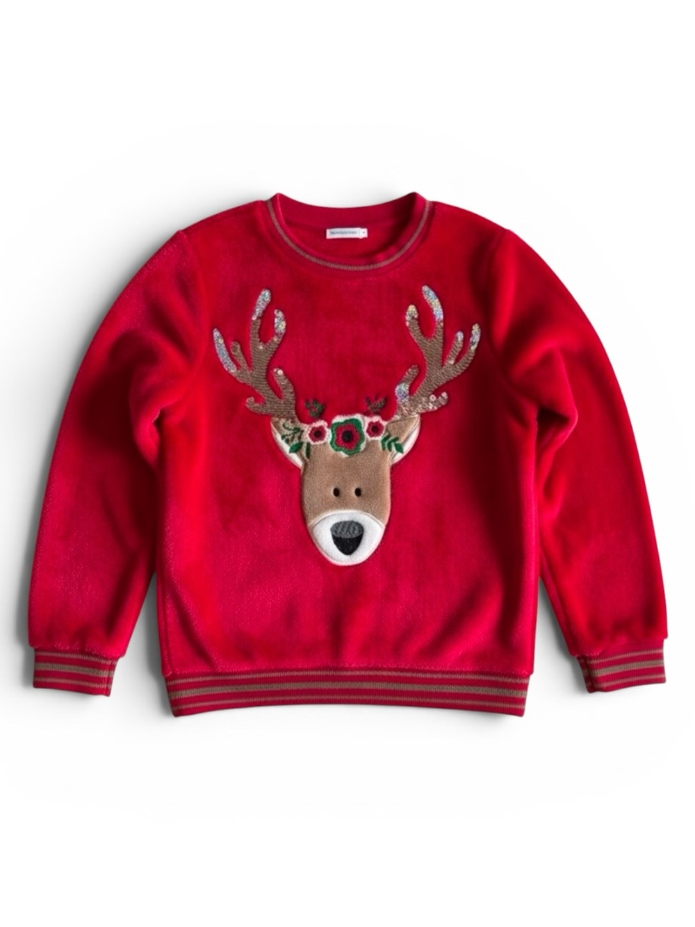 Holiday Reindeer Sequin Plush Pullover Sweatshirt Christmas Top Red Gold Kids M
